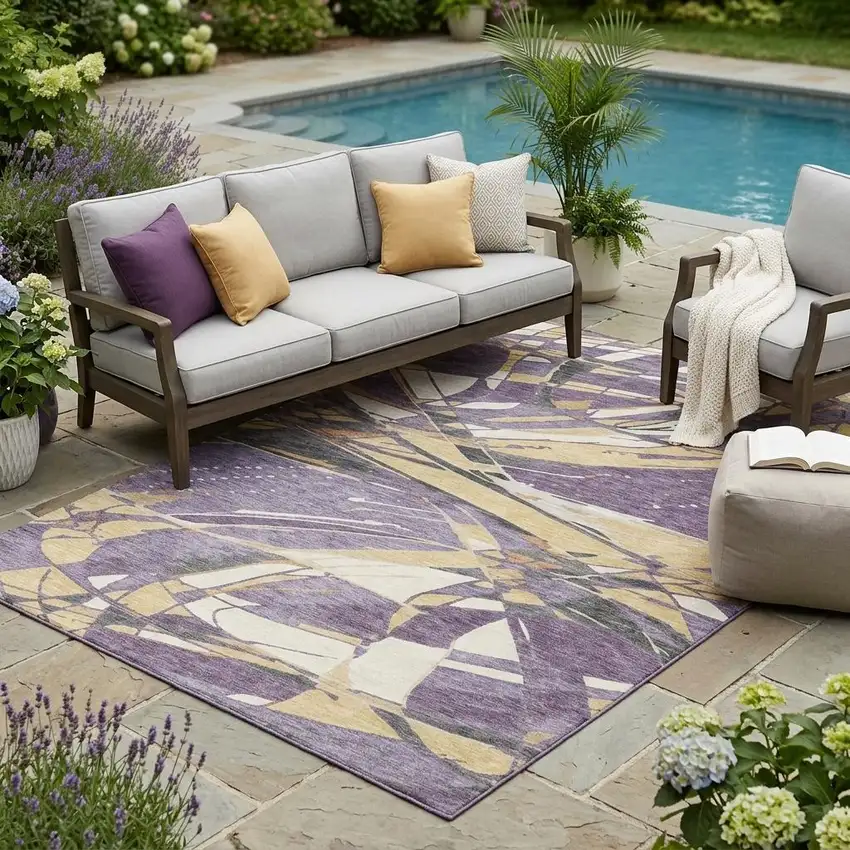 Plum And Purple Abstract Washable Indoor Outdoor Area Rug Photo 1