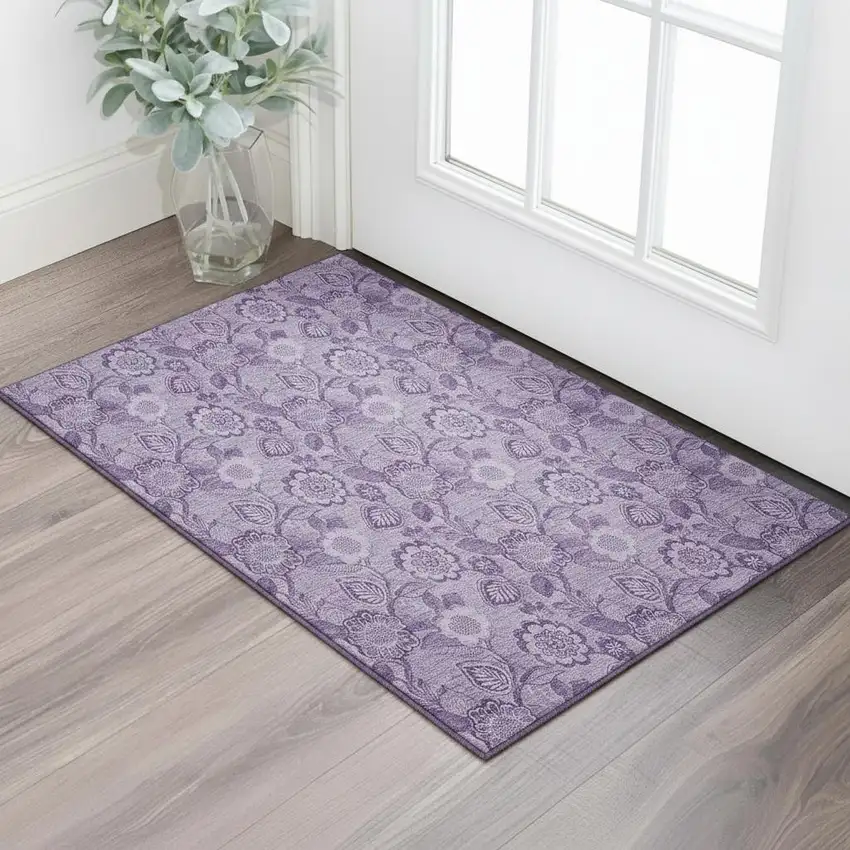 Plum And Purple Floral Washable Area Rug With UV Protection Photo 2