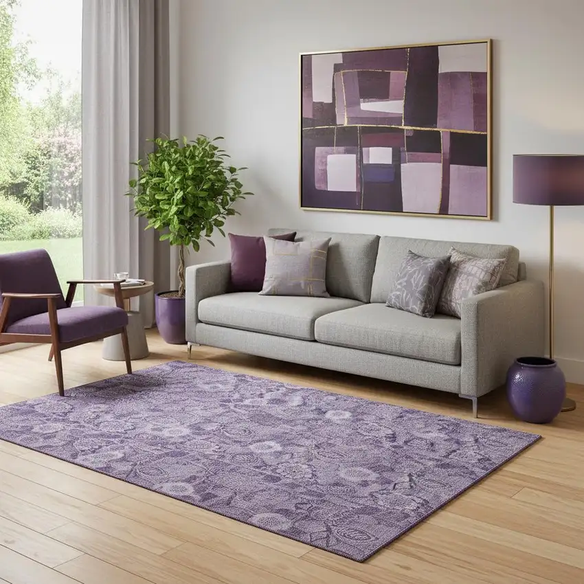 Plum And Purple Floral Washable Area Rug With UV Protection Photo 2