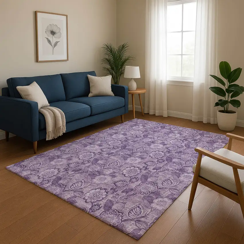 Plum And Purple Floral Washable Area Rug With UV Protection Photo 5