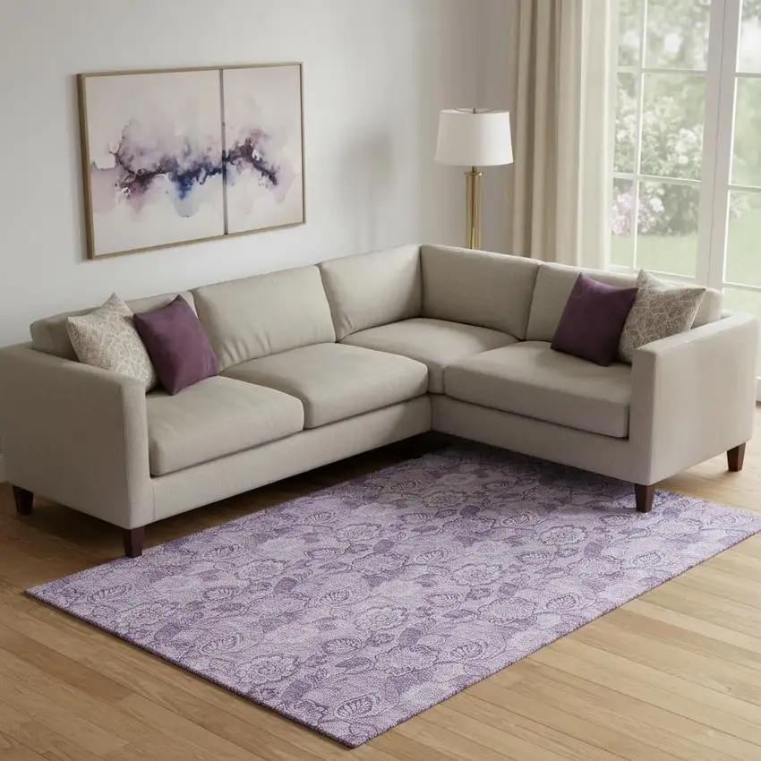 Plum And Purple Floral Washable Area Rug With UV Protection Photo 2