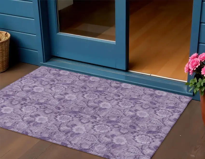 Plum And Purple Floral Washable Indoor Outdoor Area Rug Photo 2