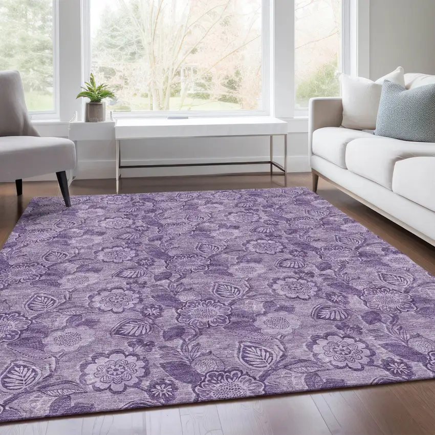 Plum And Purple Floral Washable Indoor Outdoor Area Rug Photo 6