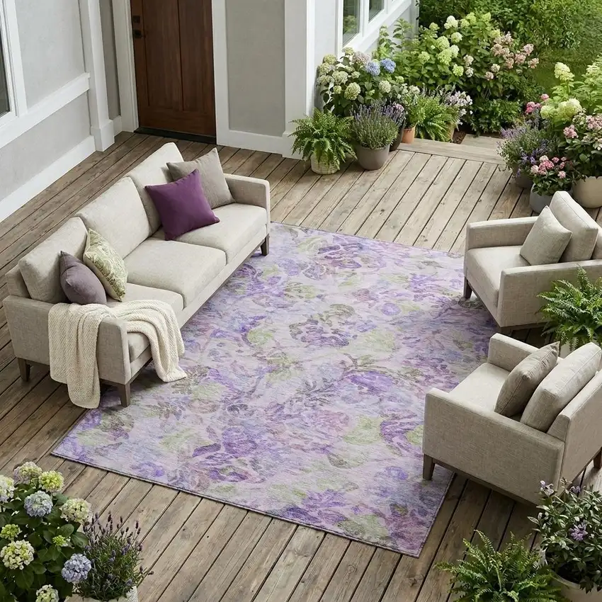 Plum And Purple Floral Washable Indoor Outdoor Area Rug Photo 1