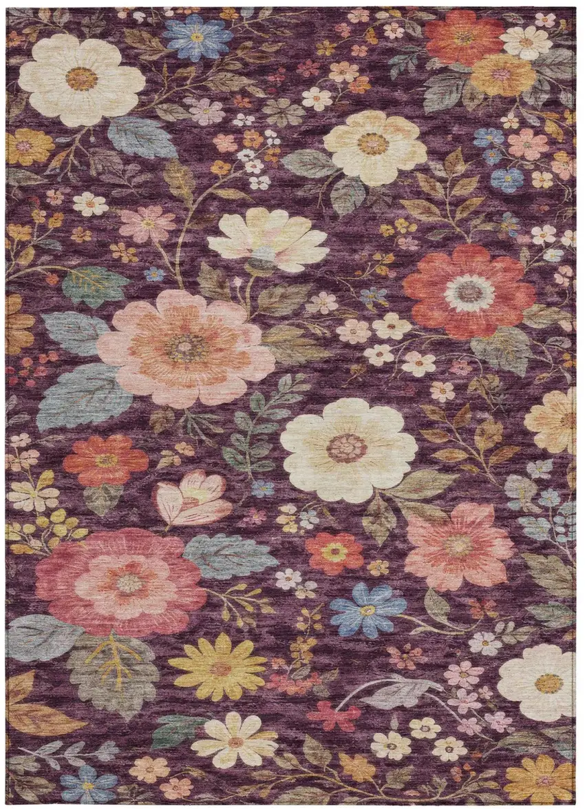 Plum And Purple Floral Washable Indoor Outdoor Area Rug Photo 1