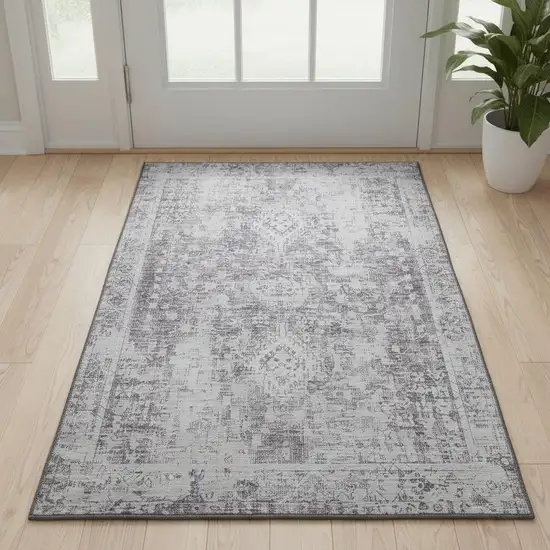 Plum And Silver Oriental Washable Area Rug With UV Protection Photo 2