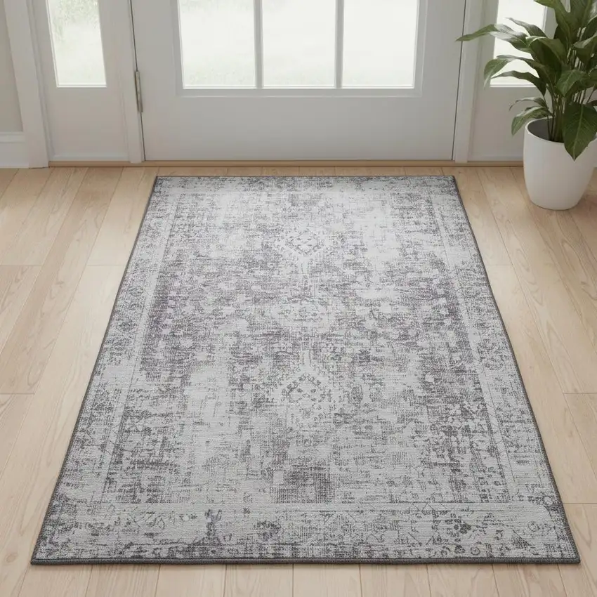 Plum And Silver Oriental Washable Area Rug With UV Protection Photo 2