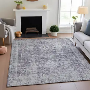 Photo of Plum And Silver Oriental Washable Area Rug With UV Protection