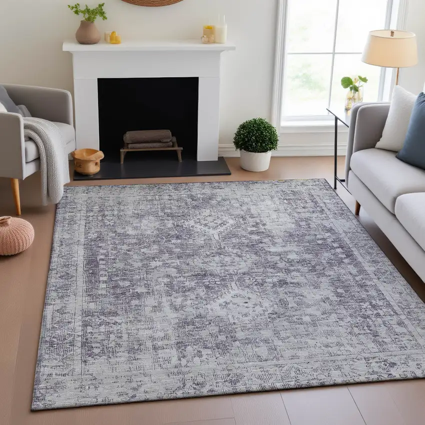 Plum And Silver Oriental Washable Area Rug With UV Protection Photo 4