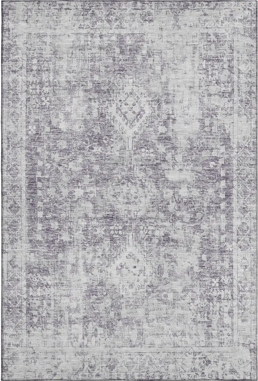 Plum And Silver Oriental Washable Area Rug With UV Protection Photo 1