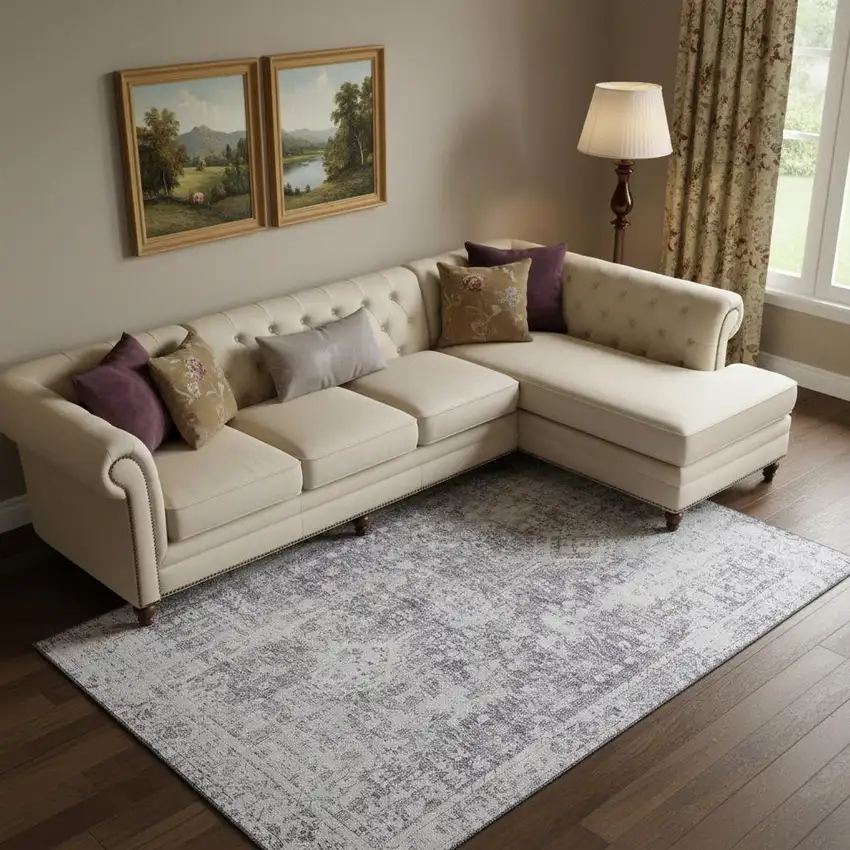 Plum And Silver Oriental Washable Area Rug With UV Protection Photo 2