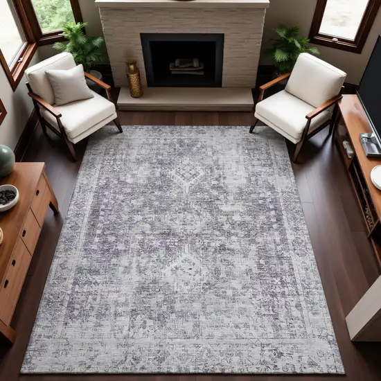 Plum And Silver Oriental Washable Area Rug With UV Protection Photo 5