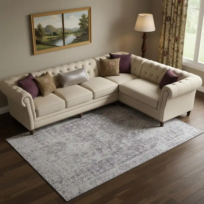 Plum And Silver Oriental Washable Area Rug With UV Protection Photo 2