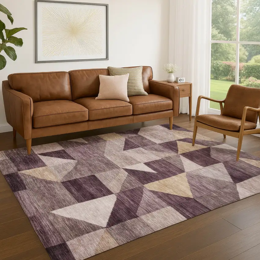 Plum And Wheat Geometric Washable Indoor Outdoor Area Rug Photo 5