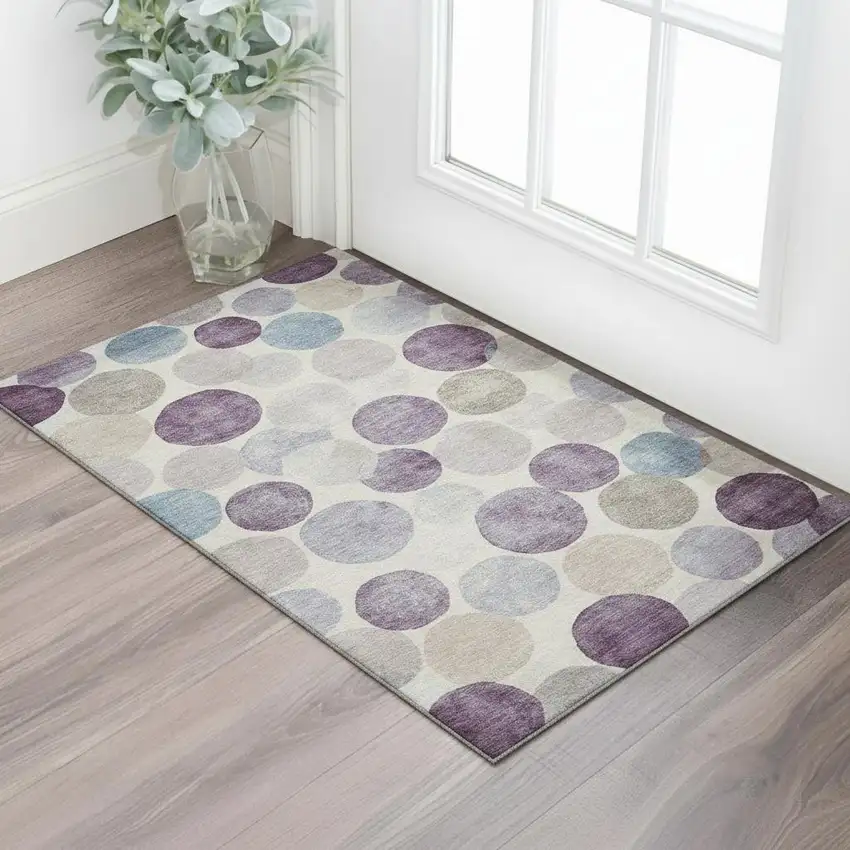 Plum Beige And Blue Geometric Washable Area Rug With UV Protection Photo 2