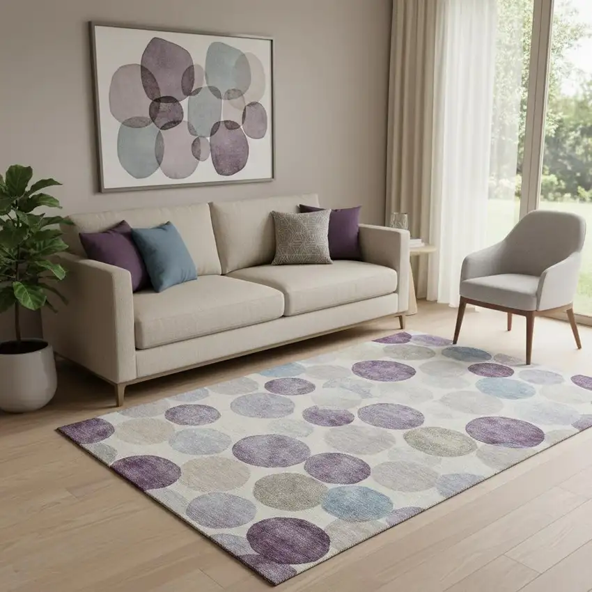 Plum Beige And Blue Geometric Washable Area Rug With UV Protection Photo 2
