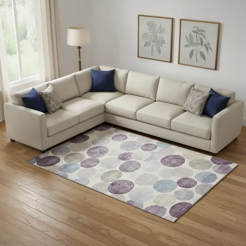 Plum Beige And Blue Geometric Washable Area Rug With UV Protection Photo 2