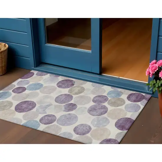 Plum Beige And Denim Blue Geometric Washable Indoor Outdoor Area Rug Photo 2