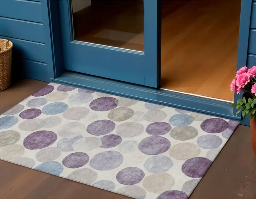 Plum Beige And Denim Blue Geometric Washable Indoor Outdoor Area Rug Photo 2