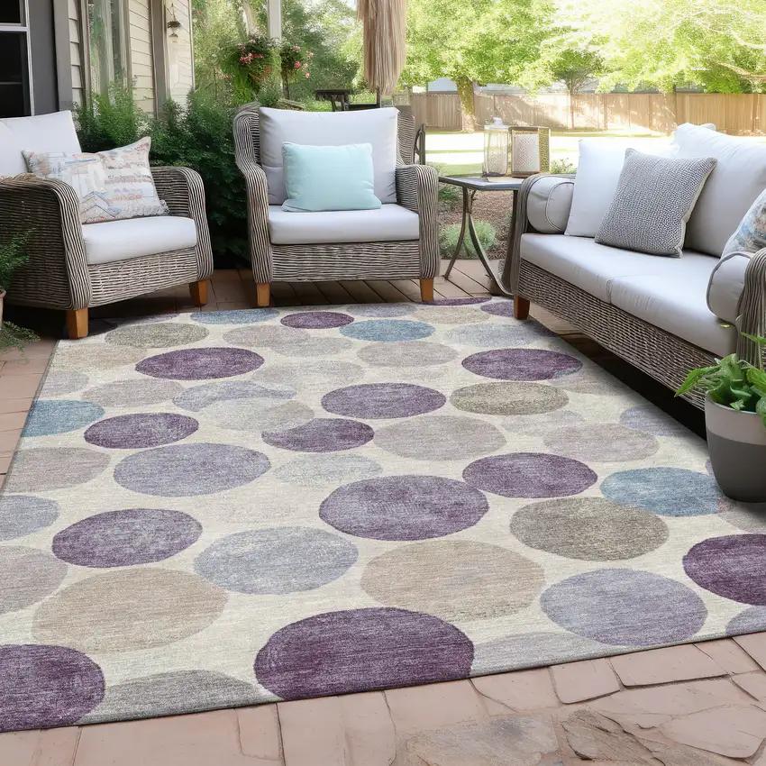Plum Beige And Denim Blue Geometric Washable Indoor Outdoor Area Rug Photo 5