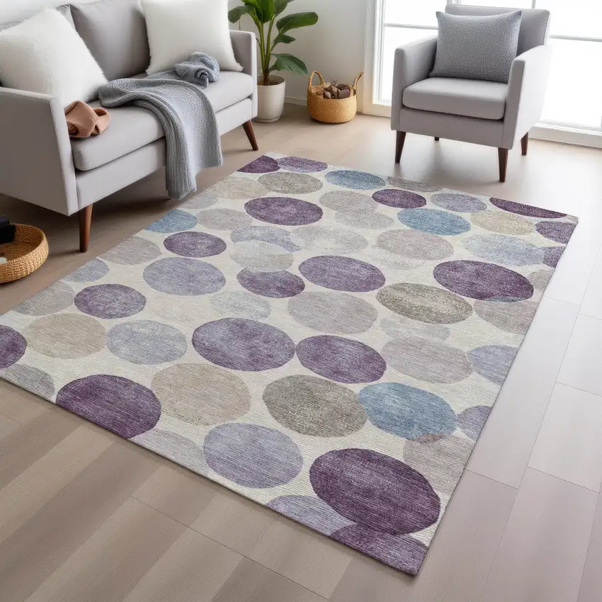 Plum Beige And Denim Blue Geometric Washable Indoor Outdoor Area Rug Photo 6