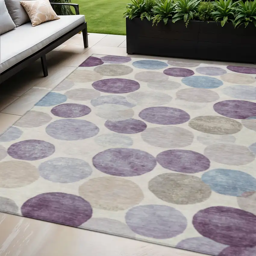 Plum Beige And Denim Blue Geometric Washable Indoor Outdoor Area Rug Photo 2