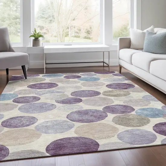 Plum Beige And Denim Blue Geometric Washable Indoor Outdoor Area Rug Photo 7