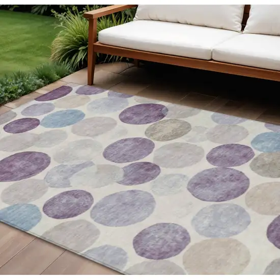Plum Beige And Denim Blue Geometric Washable Indoor Outdoor Area Rug Photo 2