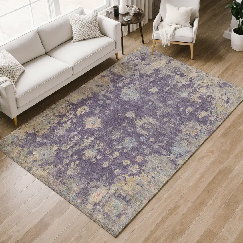 Plum Beige And Gray Floral Washable Indoor Outdoor Area Rug Photo 9
