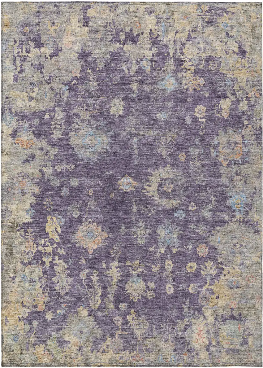 Plum Beige And Gray Floral Washable Indoor Outdoor Area Rug Photo 2