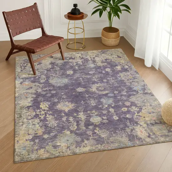 Plum Beige And Gray Floral Washable Indoor Outdoor Area Rug Photo 9