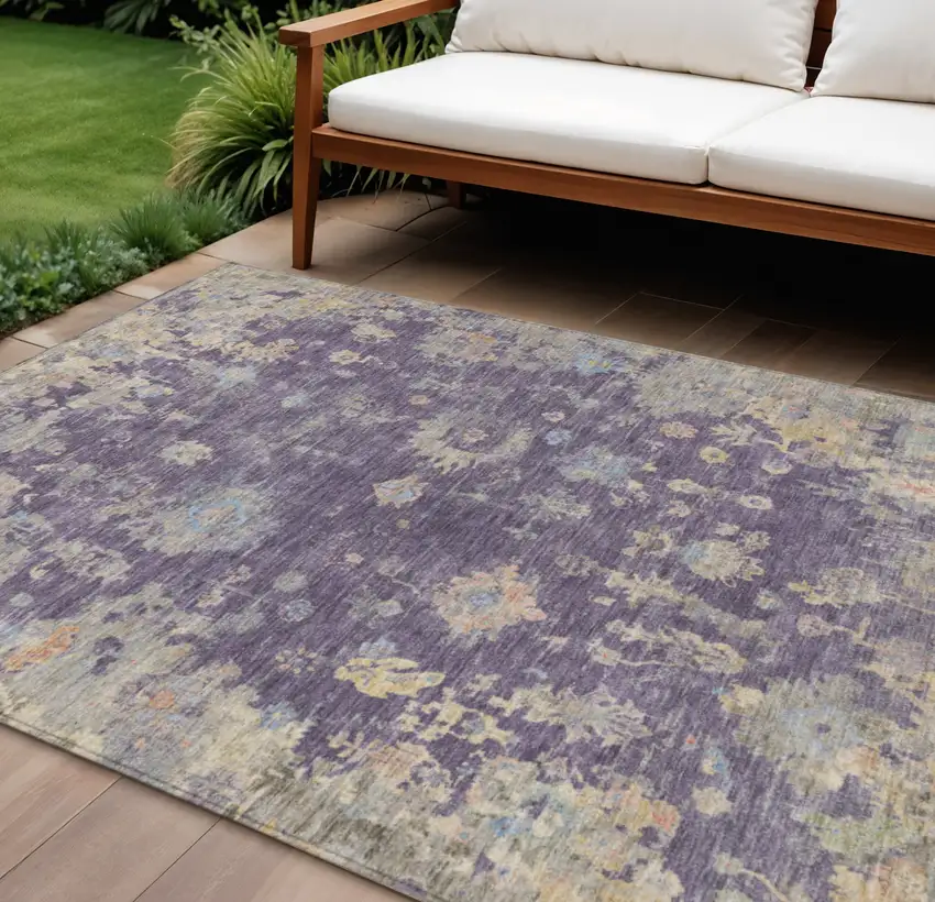 Plum Beige And Gray Floral Washable Indoor Outdoor Area Rug Photo 1