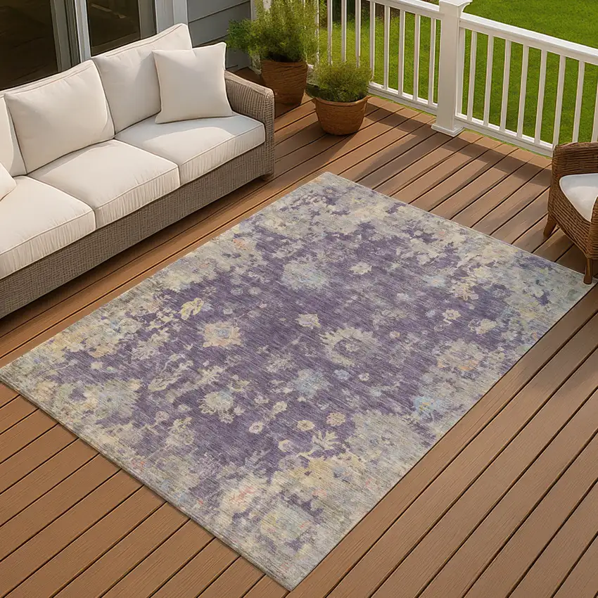 Plum Beige And Gray Floral Washable Indoor Outdoor Area Rug Photo 8