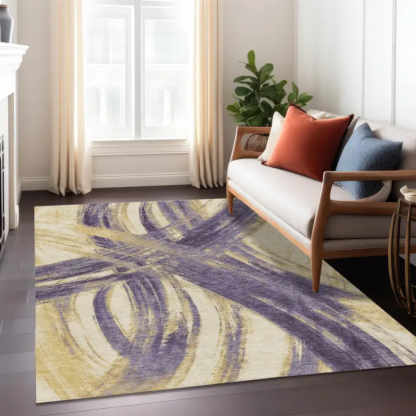 Plum Gold And Beige Abstract Washable Indoor Outdoor Area Rug Photo 4