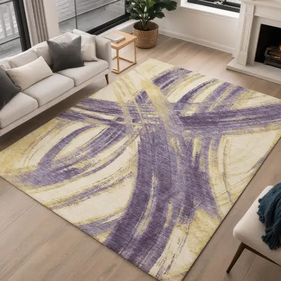 Plum Gold And Beige Abstract Washable Indoor Outdoor Area Rug Photo 4
