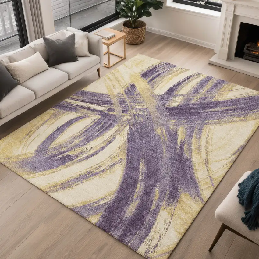 Plum Gold And Beige Abstract Washable Indoor Outdoor Area Rug Photo 4