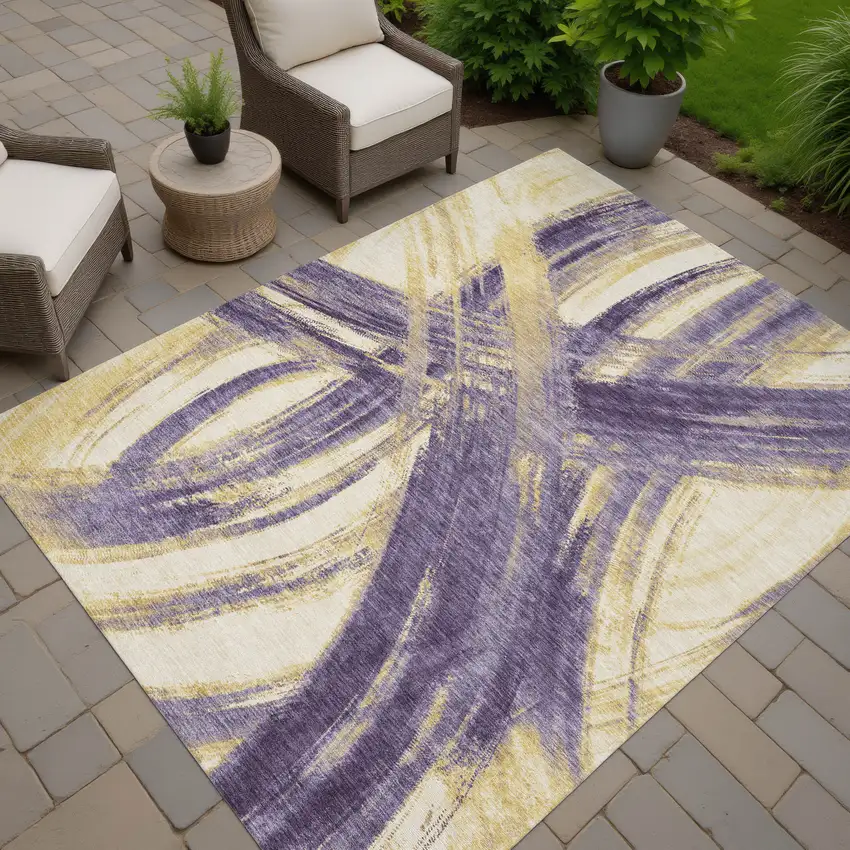 Plum Gold And Beige Abstract Washable Indoor Outdoor Area Rug Photo 6