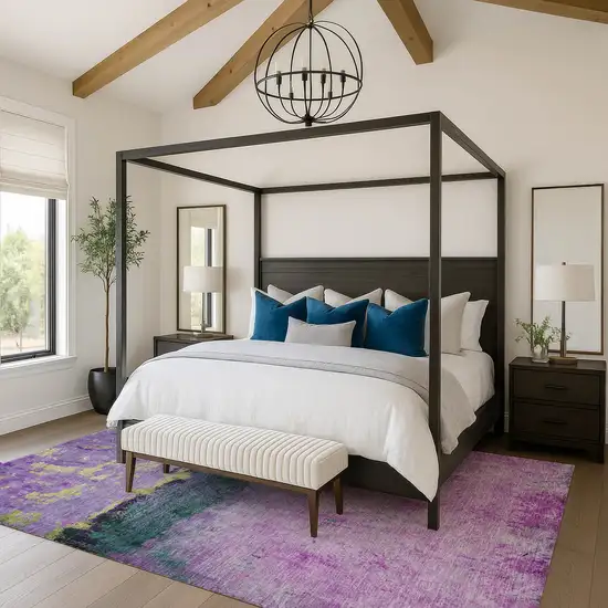 Plum Gold And Emerald Abstract Washable Area Rug With UV Protection Photo 5