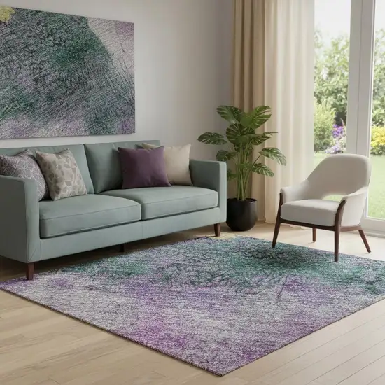 Plum Gold And Emerald Abstract Washable Area Rug With UV Protection Photo 1