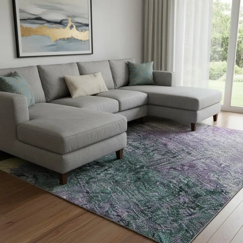 Plum Gold And Emerald Abstract Washable Area Rug With UV Protection Photo 2