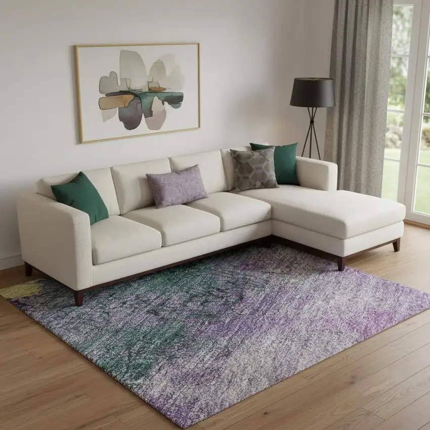 Plum Gold And Emerald Abstract Washable Area Rug With UV Protection Photo 2