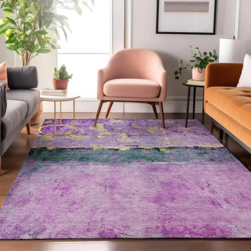 Plum Gold And Emerald Abstract Washable Area Rug With UV Protection Photo 4