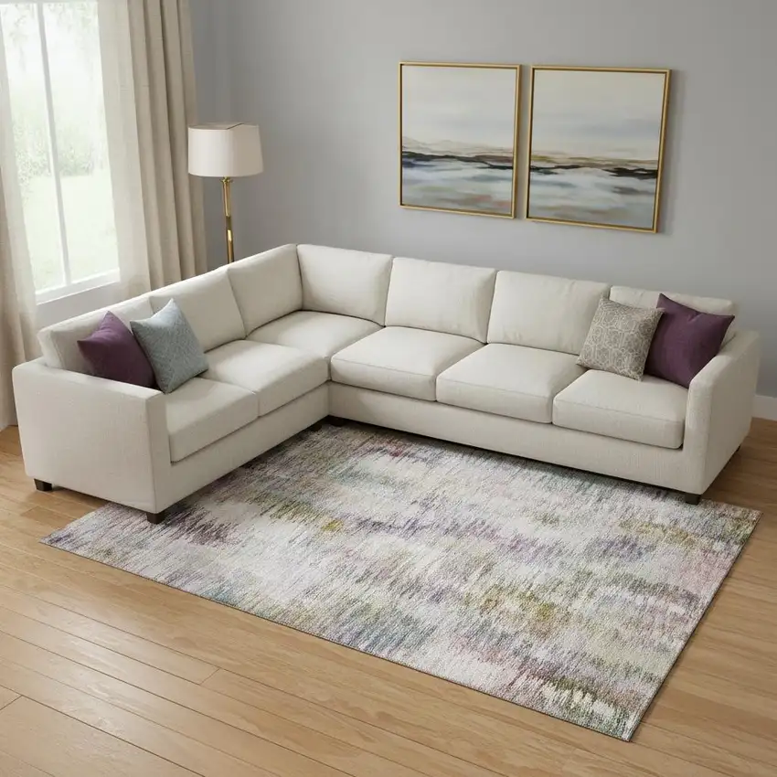 Plum Gold And Ivory Abstract Washable Area Rug With UV Protection Photo 1