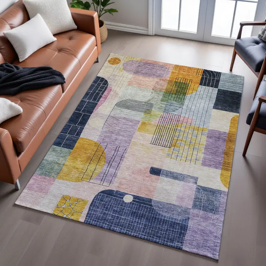 Plum Gold And Navy Blue Abstract Geometric Washable Area Rug With UV Protection Photo 4