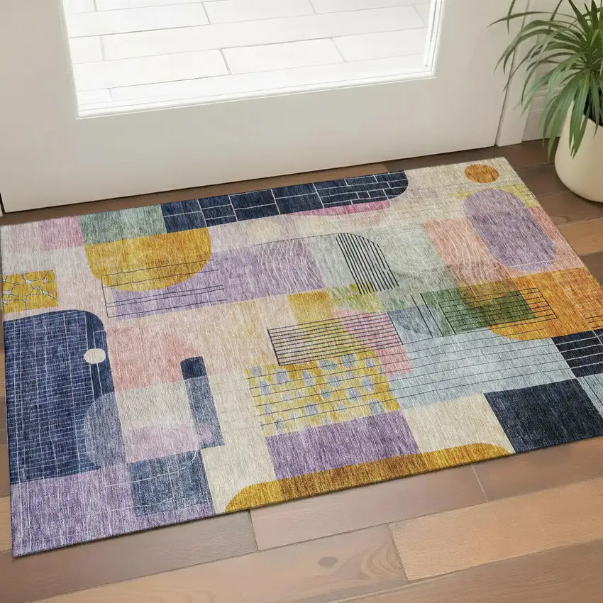Plum Gold And Navy Blue Abstract Geometric Washable Area Rug With UV Protection Photo 1