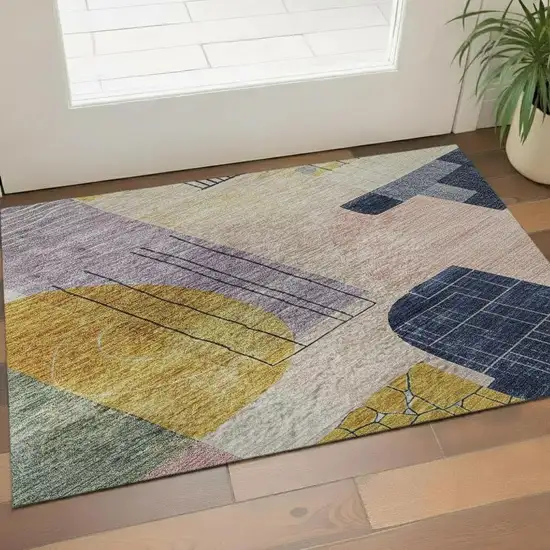 Plum Gold And Navy Blue Abstract Geometric Washable Area Rug With UV Protection Photo 2