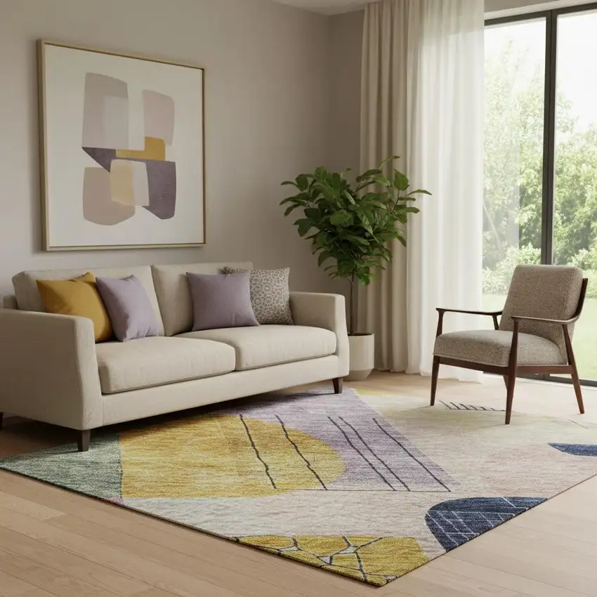 Plum Gold And Navy Blue Abstract Geometric Washable Area Rug With UV Protection Photo 2