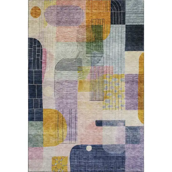 Plum Gold And Navy Blue Abstract Geometric Washable Area Rug With UV Protection Photo 5