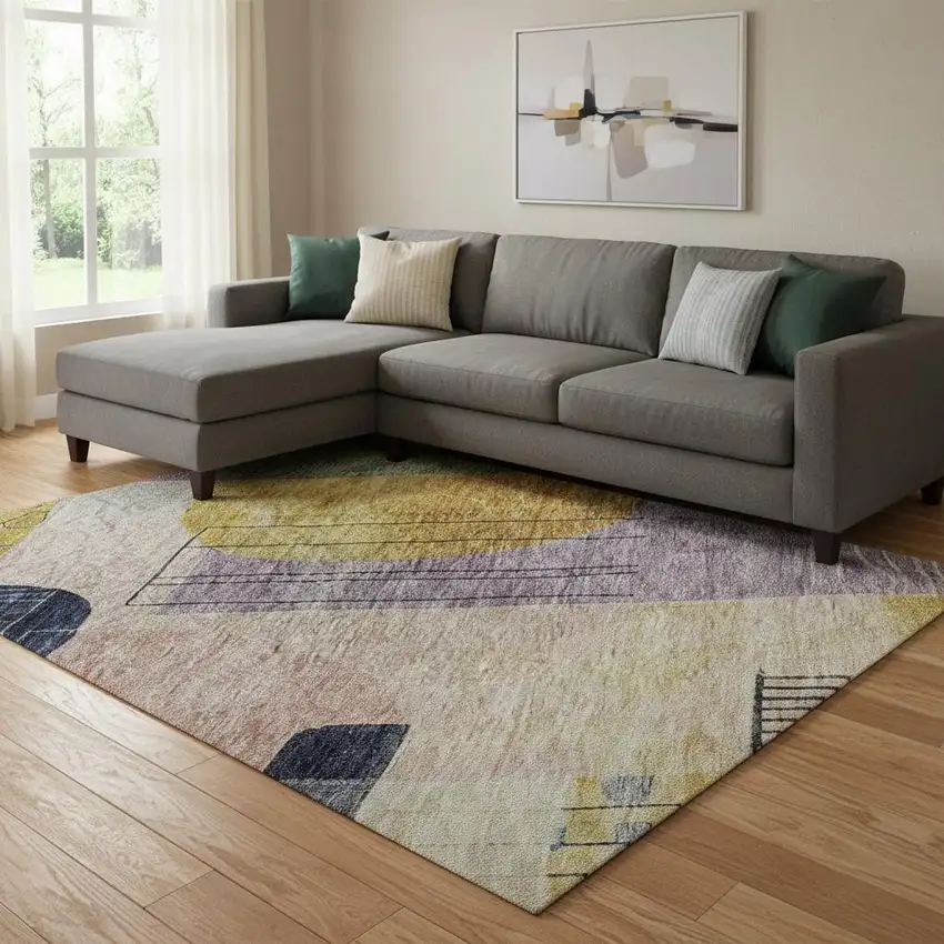 Plum Gold And Navy Blue Abstract Geometric Washable Area Rug With UV Protection Photo 2