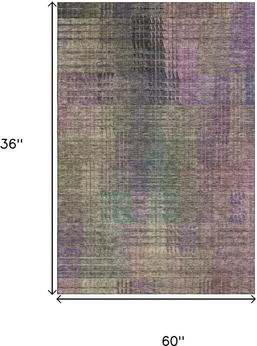 Plum Green And Brown Abstract Geometric Washable Area Rug With UV Protection Photo 3